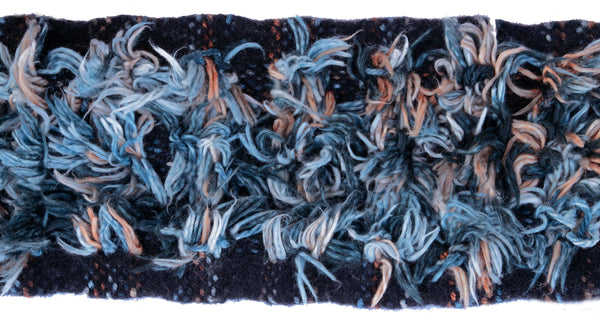 Handwoven and Deconstructed Scarf, "Denim Shag," 4.5 x 49 inches