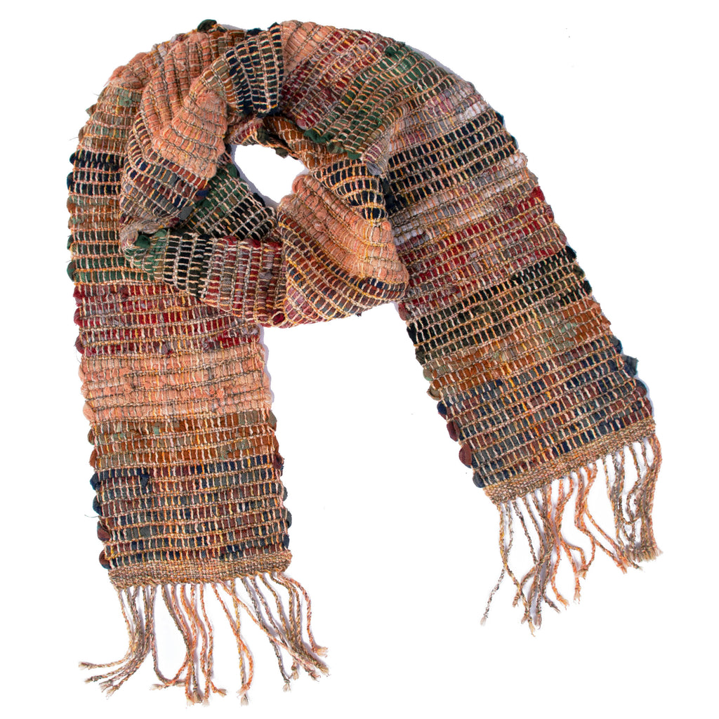 Handwoven Rag Scarf, "Apricot and Greens," 6.5" x 75"
