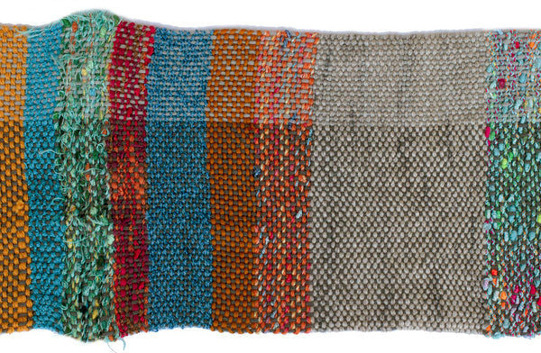 Handwoven Scarf, "Blue and Orange," 6.5" x 63"